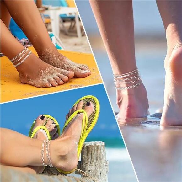 Ankle Bracelets for Women, 14k Gold Jewelry Set Waterproof Layered Cuban Chain - Picture 4 of 7